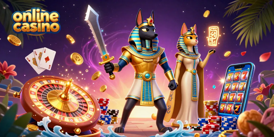 Engage with the vibrant online casino scene showcasing Anubis and Bastet amidst sparkling gems and casino elements.