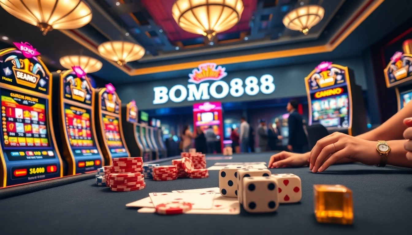 BROMO888 players engaging with casino tables and colorful slot machines for thrilling gaming experiences.