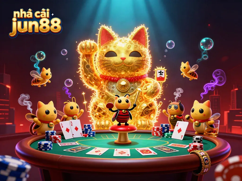 Engage with exciting casino action at nhà cái jun88, highlighted by vibrant golden lucky cat illustration.