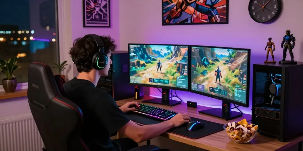 Setup gaming diana4d, gamer fokus dengan monitor berwarna cerah dan aksesori gaming