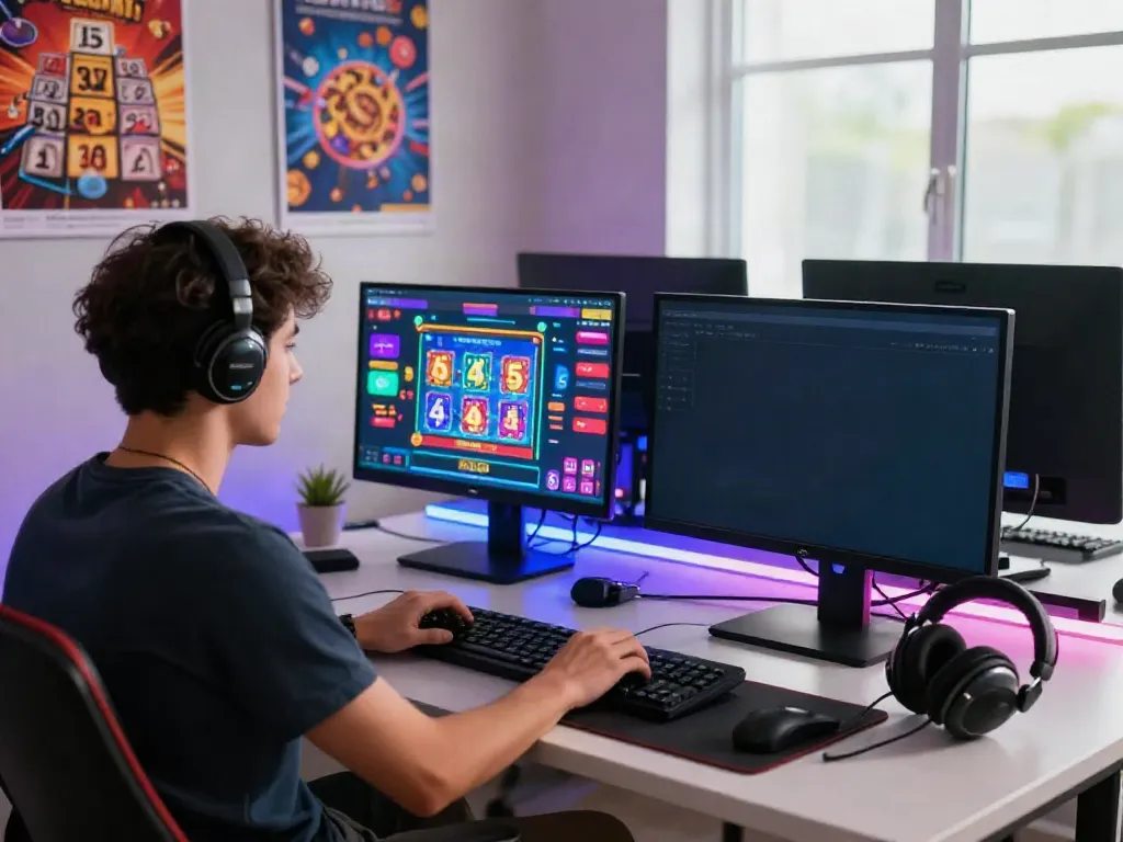 Engaged user playing ahha4d online lottery games in a vibrant gaming setup.