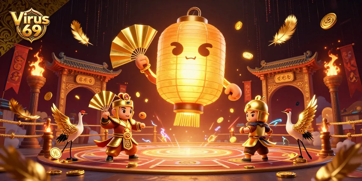 Engage with the thrilling experience of Virus 69's online casino featuring dynamic golden lanterns and gambling elements.