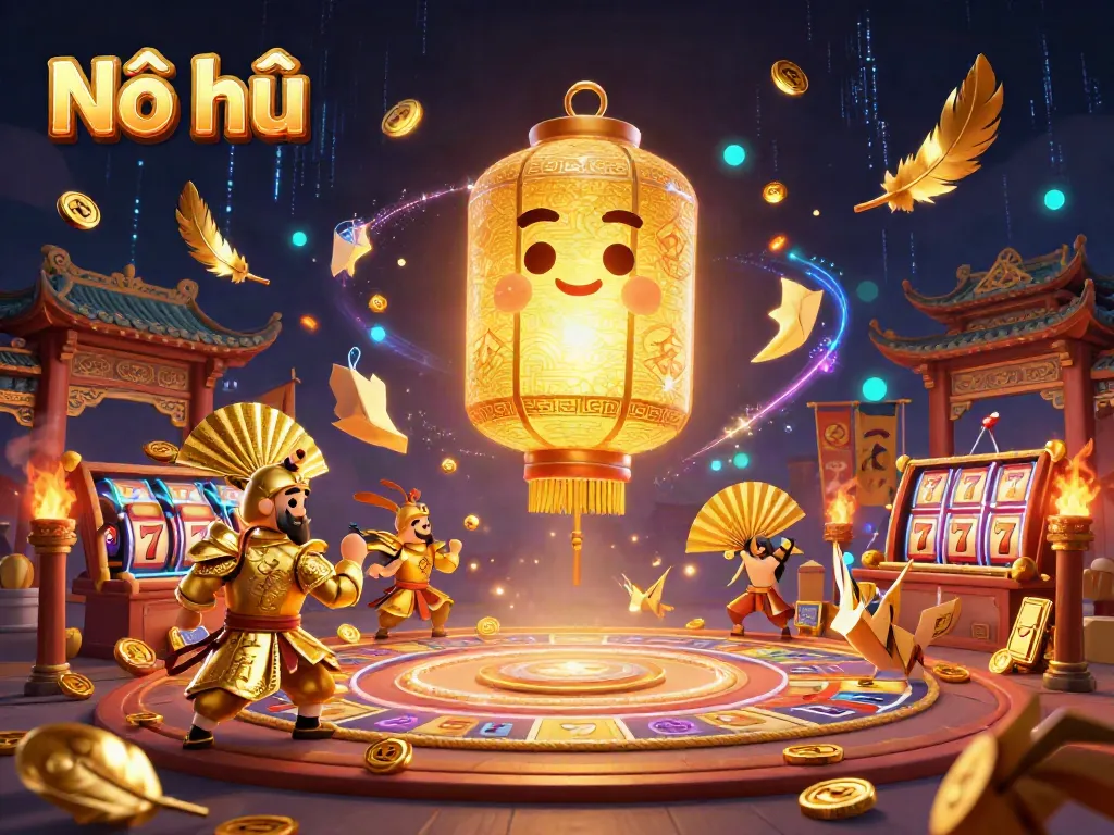Nổ hũ scene with a golden lantern spirit surrounded by slot elements and golden warriors at a vibrant casino.
