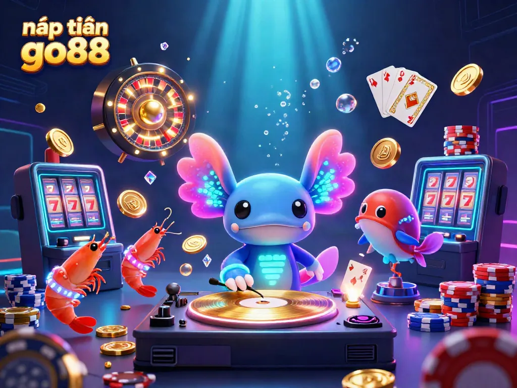Nạp tiền go88 with vibrant underwater casino scene featuring a neon axolotl DJ and sparkling game elements.