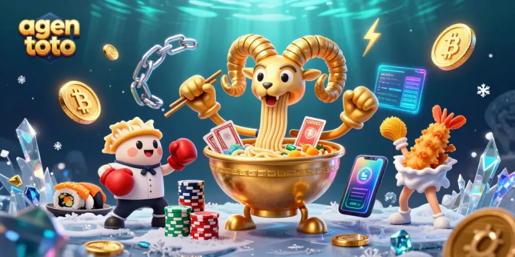 Menggandakan peluang di agen toto dengan gambar kartun kasino yang kaya detail dan elemen permainan crypto