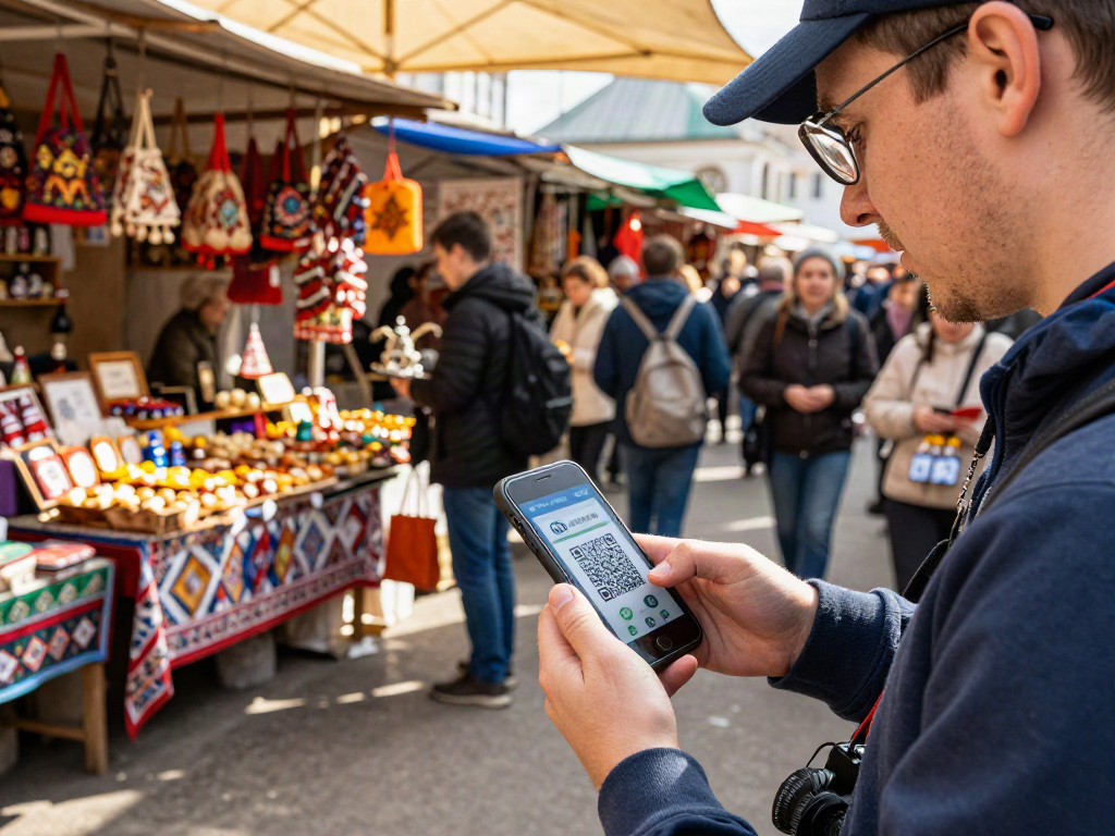 Wisatawan menggunakan https://payinrussia.com/ untuk melakukan pembayaran dengan QR code di pasar Rusia yang ramai.