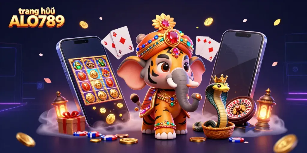 Experience the excitement of gaming at trang chủ ALO789 with a vibrant, rich 3D scene of casino elements.