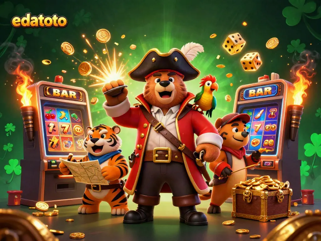 Experience the excitement of edatoto with our vibrant 3D pirate scene featuring slots and casino elements.