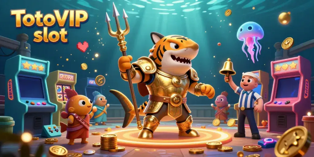 Experience the excitement of TotoVIP slot in an underwater colosseum with a golden shark gladiator.