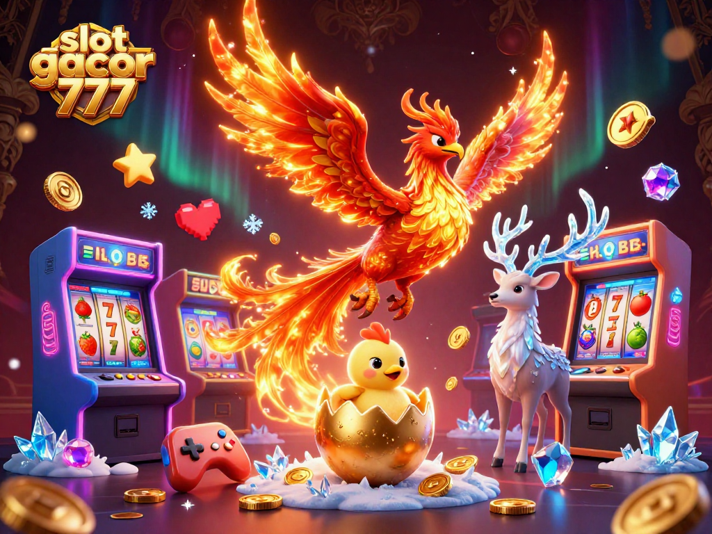 Play slot gacor 777 with vibrant phoenix and stag amidst dynamic casino elements.