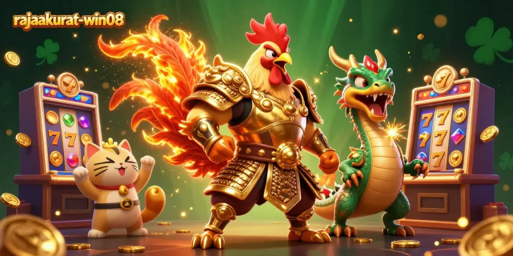 Experience thrill with rajaakurat-win08 featuring a spirited rooster warrior, dragon hatchling, and joyous fortune cat amidst colorful slot machines.