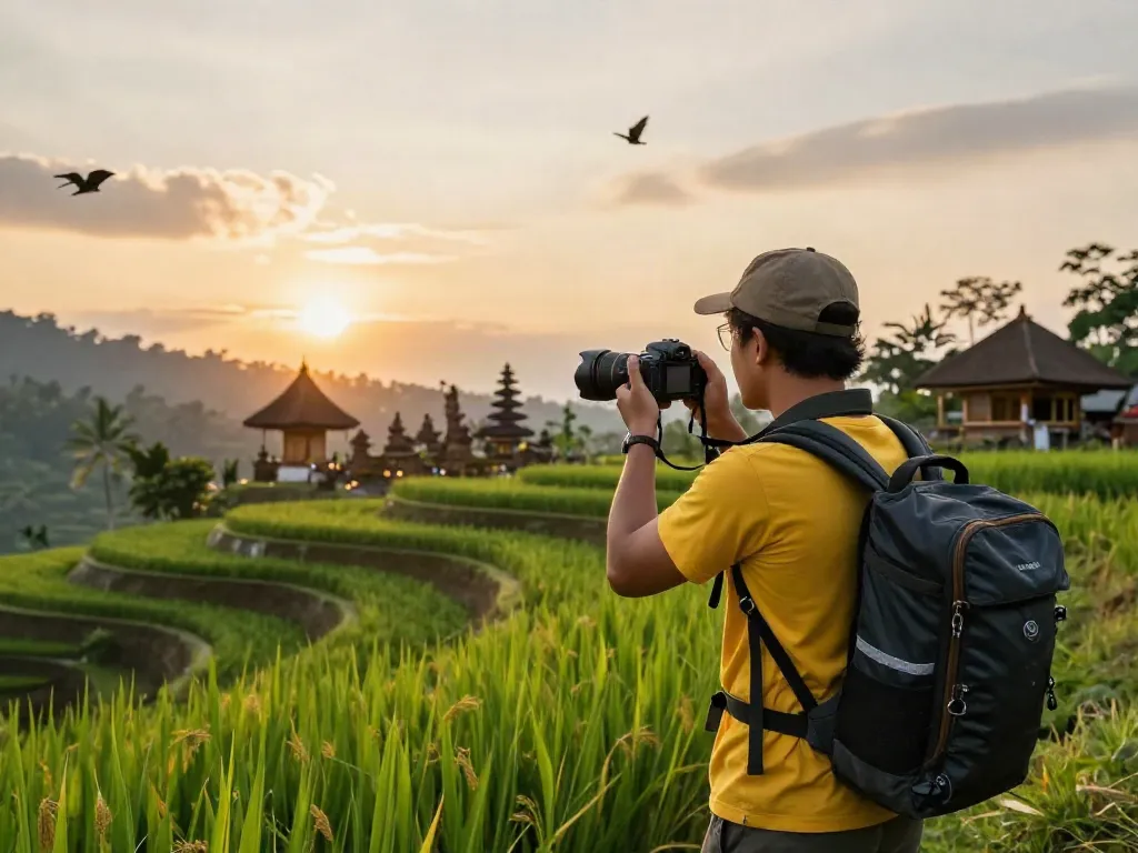 Wisatawan menikmati keindahan pecah25 di sawah hijau Bali saat senja.
