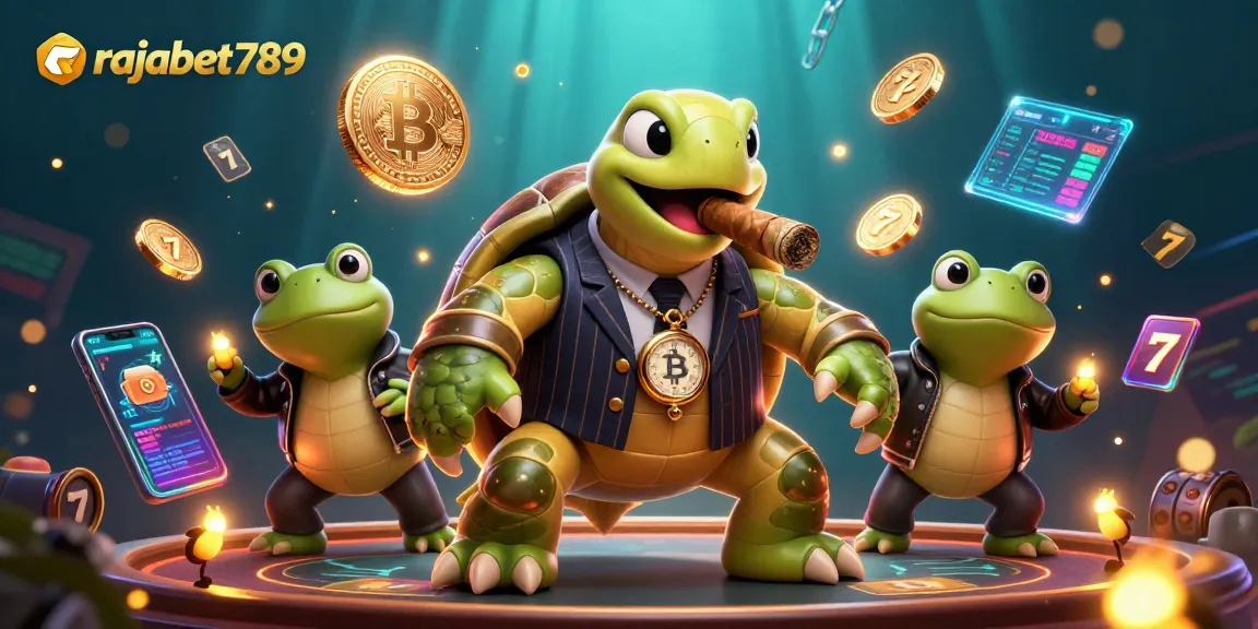 Menangkan di rajabet789 dengan ilustrasi kasino menarik yang dipenuhi koin crypto dan simbol slot.