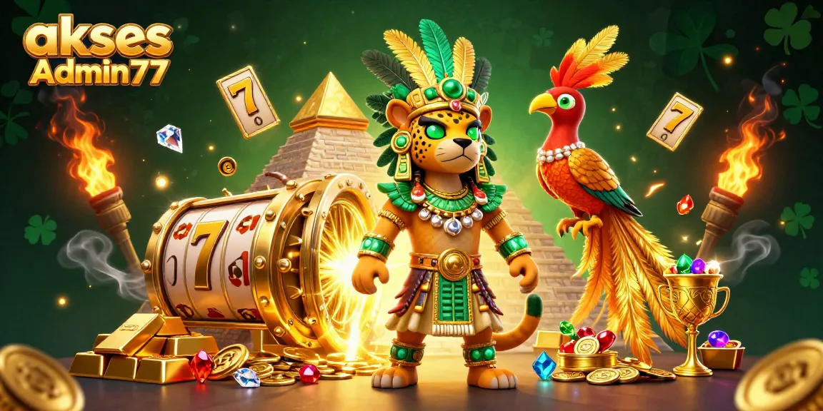 Engage with the vibrant 3D illustration showcasing akses Admin77, featuring a Mayan priest, quetzal bird, and gaming elements.