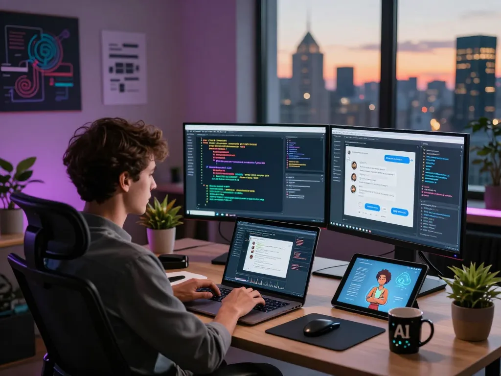 Dynamic workspace featuring crushonai chatbot development with vibrant monitors and tech designs