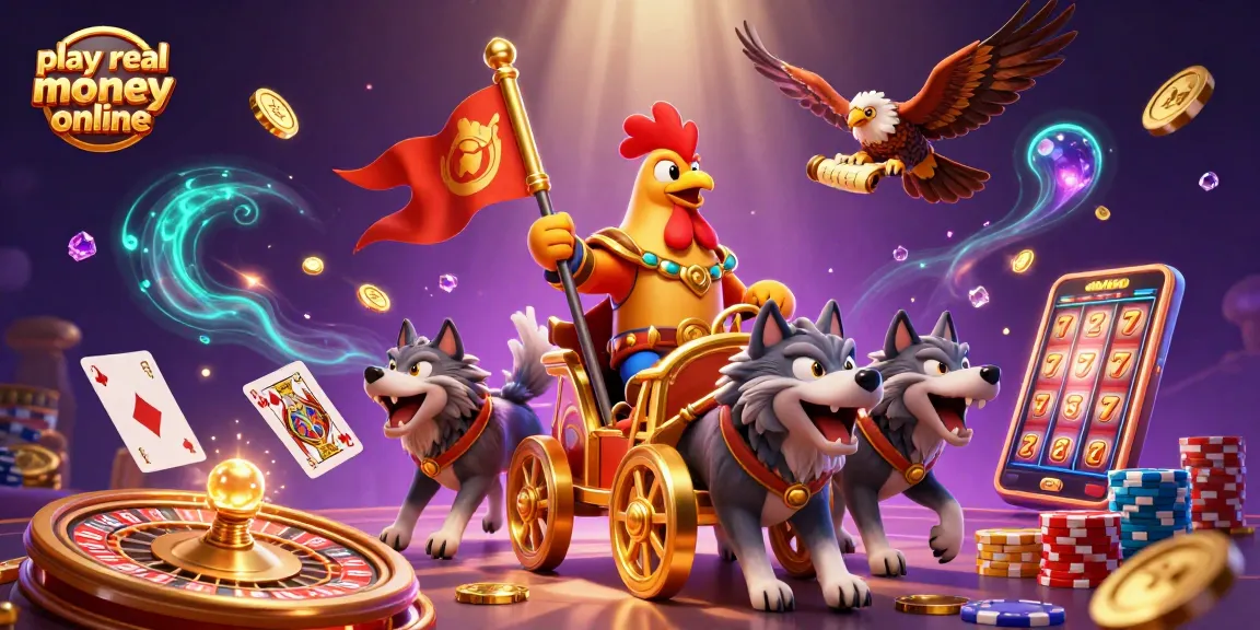 Join the excitement to play real money online with a 3D rooster warlord amidst casino elements.