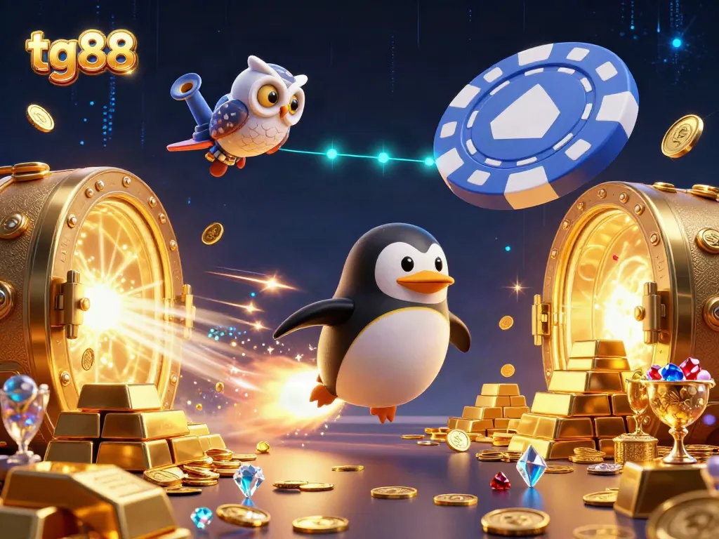 Experience the thrill of tg88 with a golden penguin soaring towards a casino space station amidst treasures and gems.