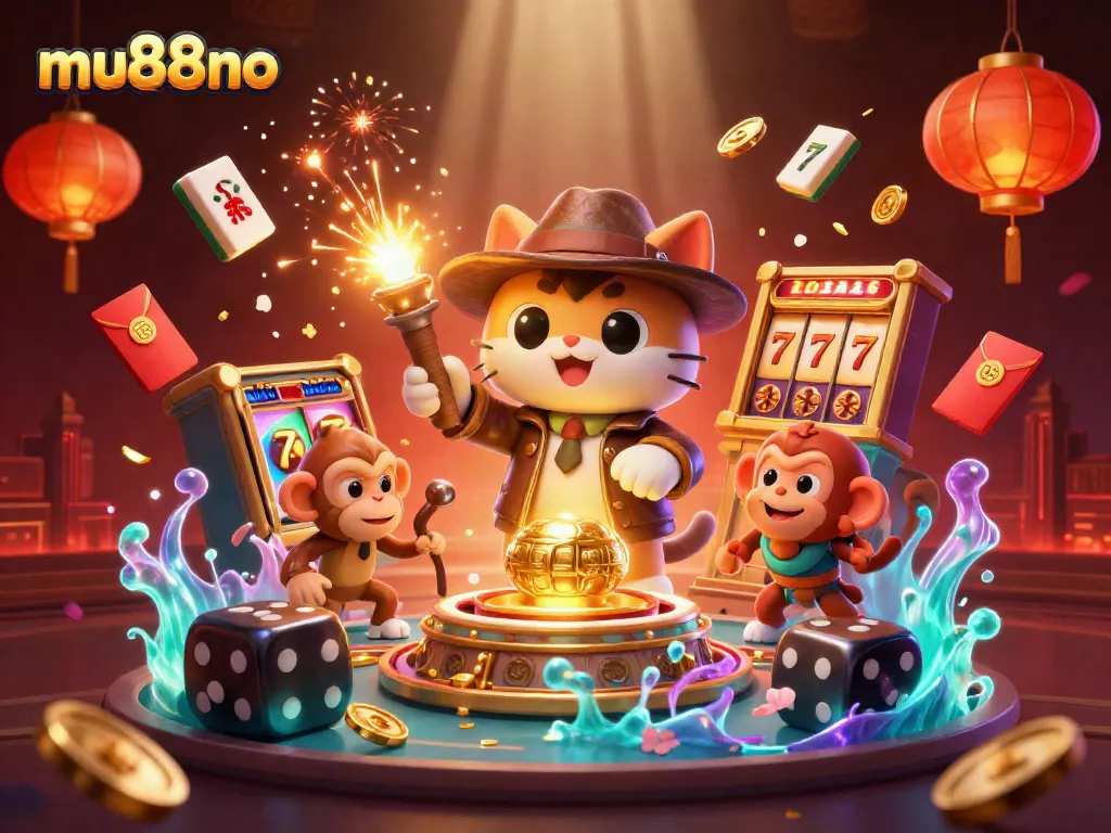 Experience winning strategies at mu88no with a captivating casino scene featuring a cat archaeologist and golden artifacts.