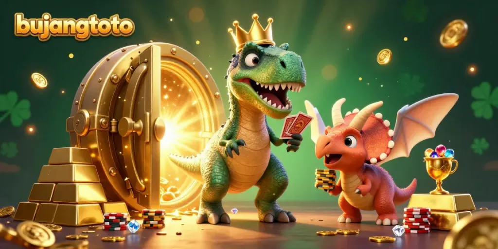 Bujangtoto scene showcasing a playful T-Rex shuffling cards, enhanced by dynamic gambling elements and treasures.