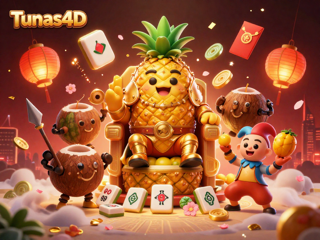 Tunas4D brings casino excitement to life with a cartoon pineapple king and vibrant mahjong tiles.