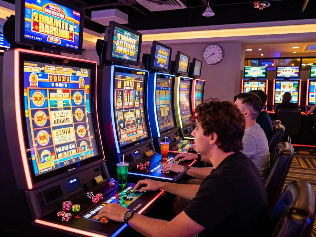 Exciting players engaging with slot machines at vegasslot77 online gaming in a vibrant lounge.