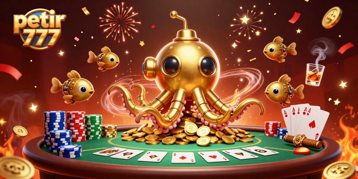 Engage with petir 777's dynamic casino scene filled with golden coins, poker action, and confetti.
