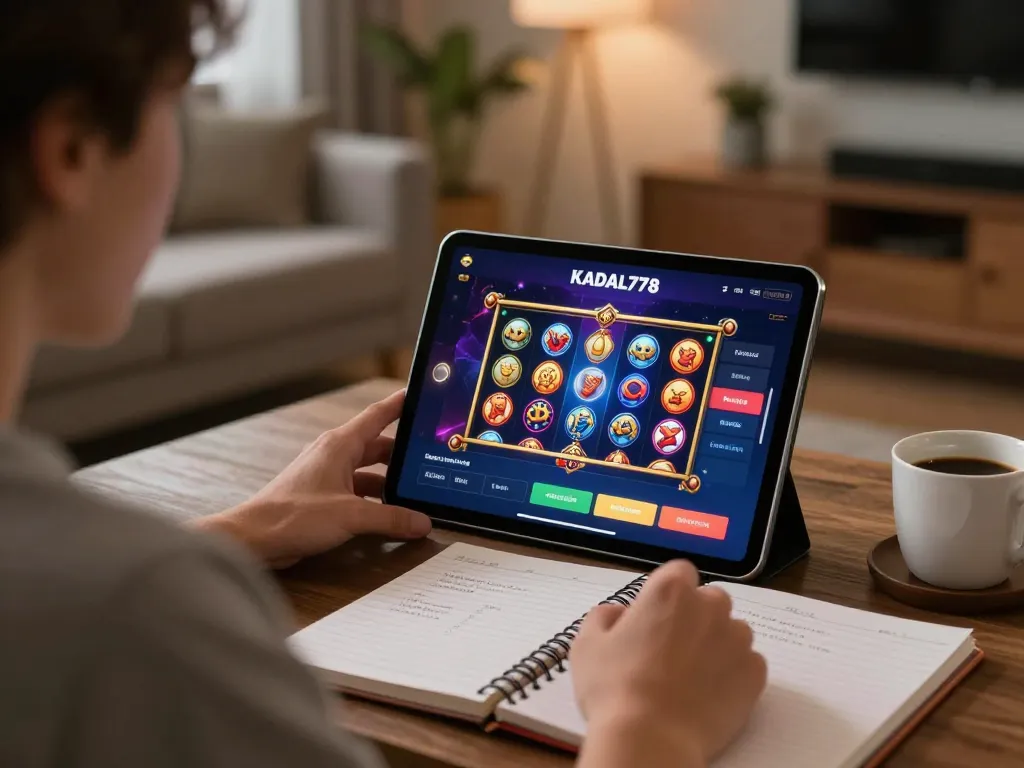 KADAL778 user enjoying interactive mobile gaming experience on tablet with strategy notebook.