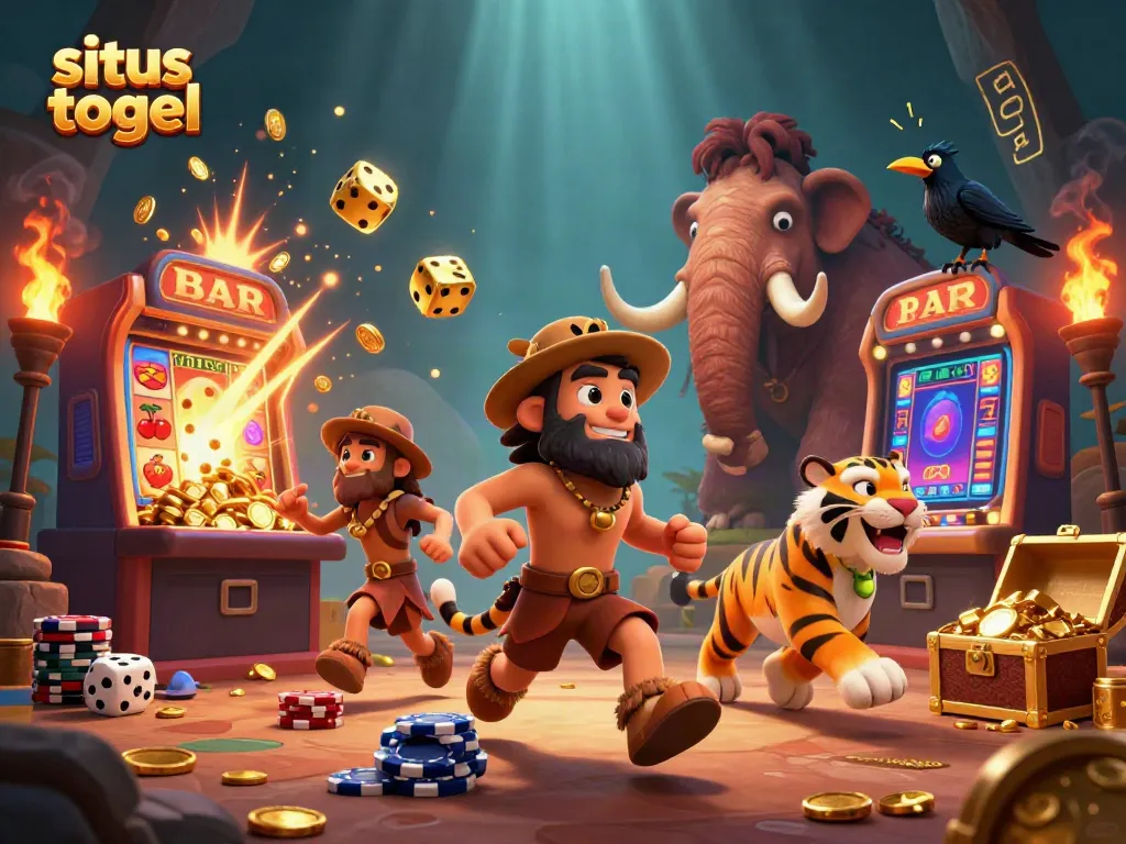 Experience the excitement of situs togel in a vibrant prehistoric casino scene with animated characters.