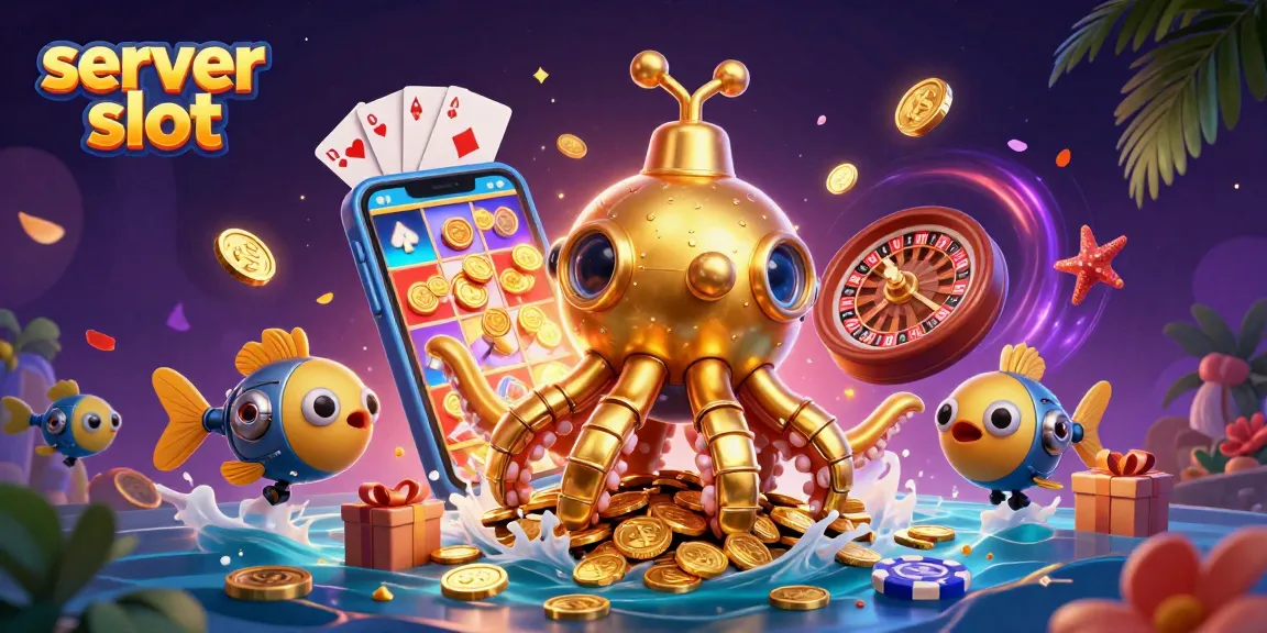 Experience dynamic gaming with server slot featuring a golden kraken submarine amidst colorful slots and poker elements.
