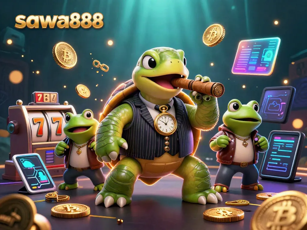 Experience thrilling gaming action with sawa888 in this dynamic casino illustration filled with slot and crypto elements.