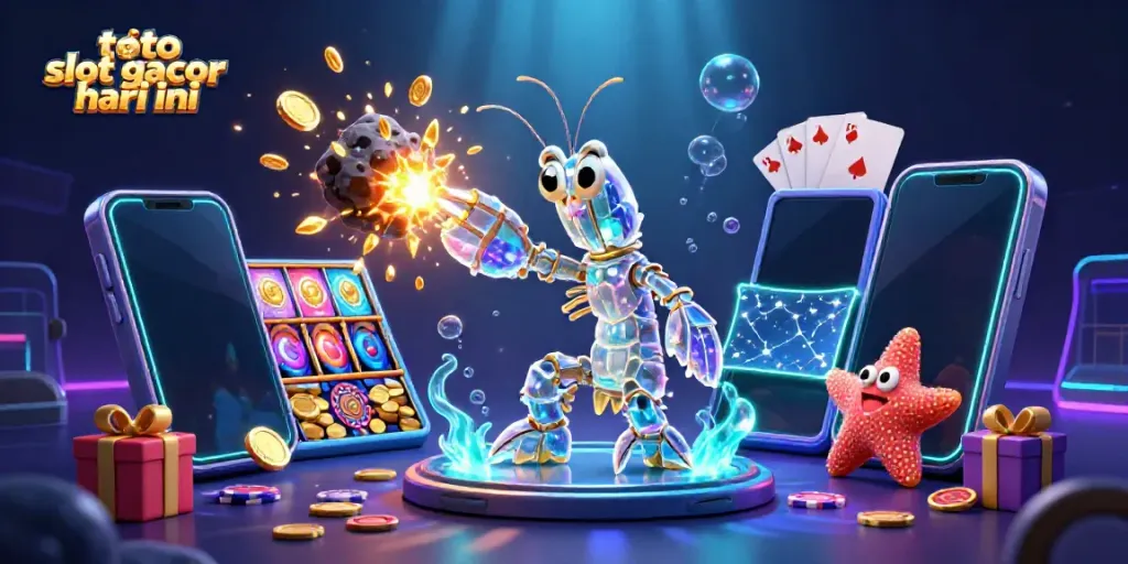 Slot gacor hari ini dengan mantis dan smartphone dalam ilustrasi kasino 3D yang dinamis.
