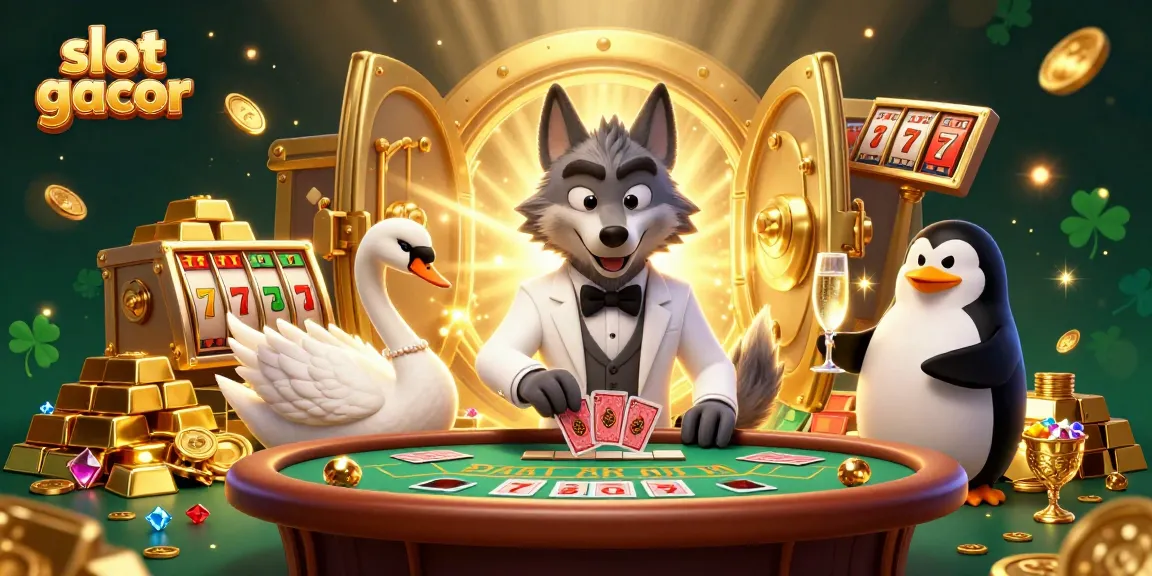 Experience the thrill of slot gacor with a captivating 3D scene featuring a debonair wolf, an elegant swan, and a sophisticated penguin.