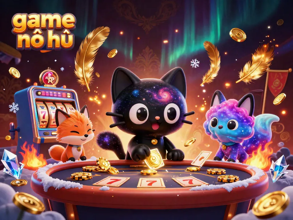 Experience game nổ hũ with a cosmic black hole cat and nebula fox amidst casino excitement.