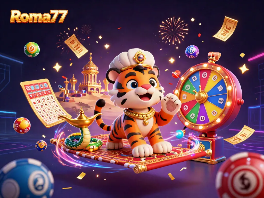 Engage with the exciting world of Roma77 through vibrant and animated scenes of gaming and prizes.