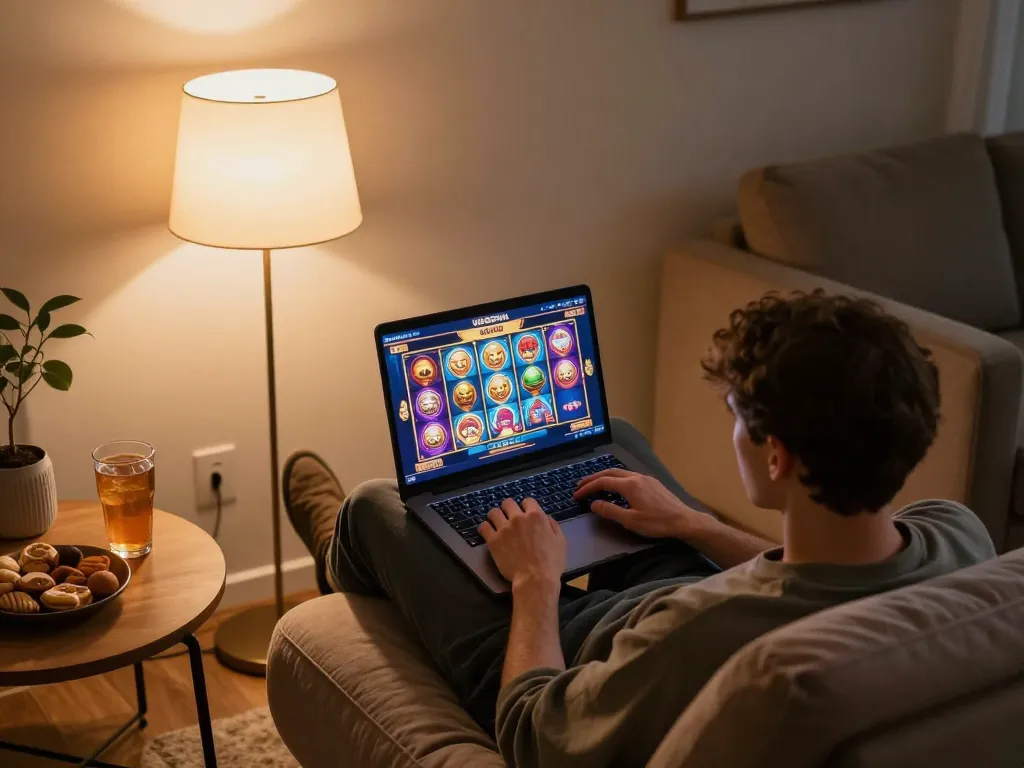 Engaging in UGDEWA slot games from a cozy home setup with vibrant screen graphics.