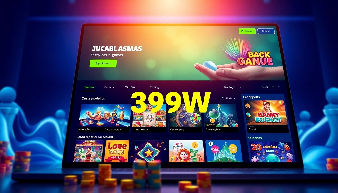 Interactive gambling platform interface for 399W showcasing casual games and user support.