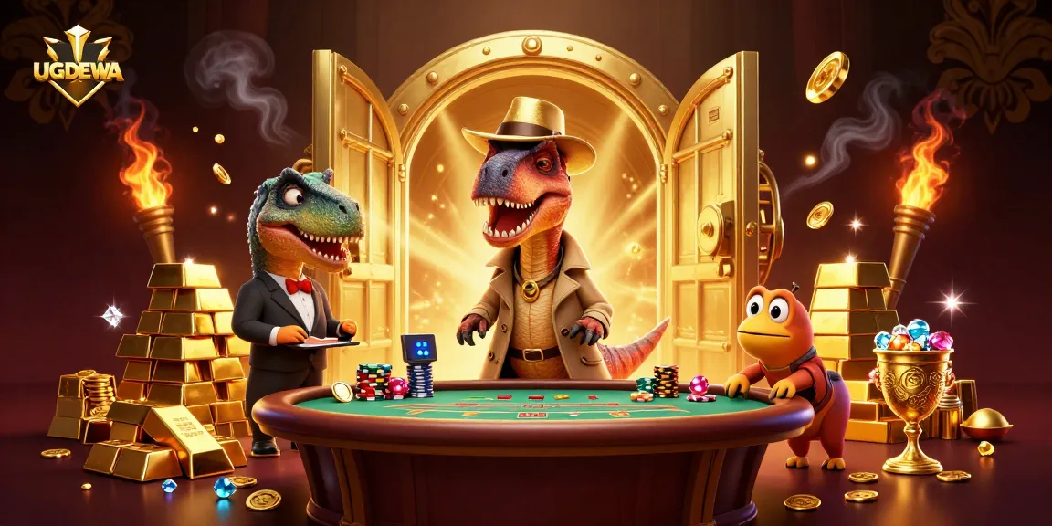 UGDEWA's thrilling casino scene with cartoon velociraptor card counter and treasures