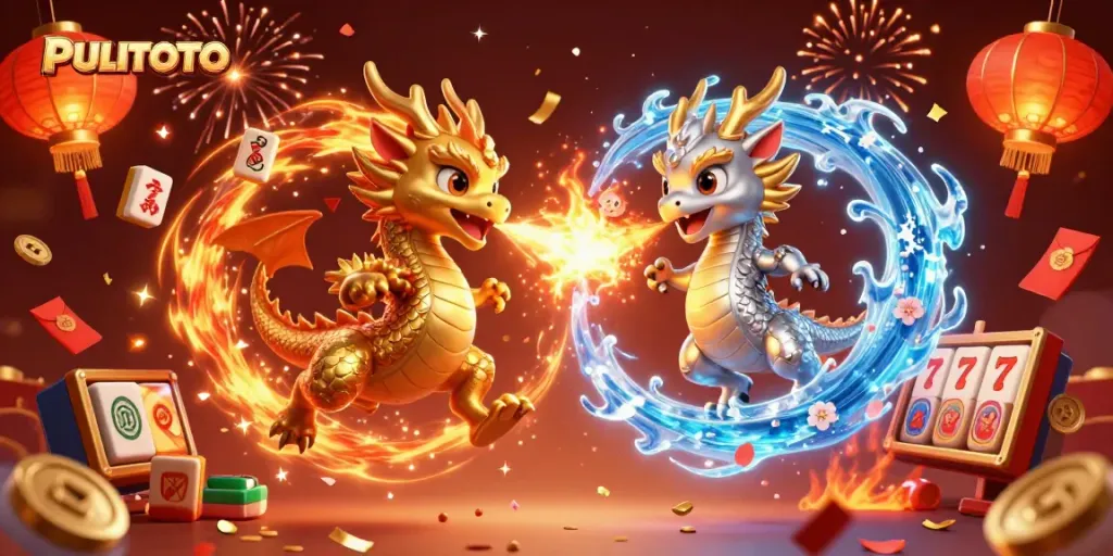 PULITOTO showcases a thrilling casino scene with dynamic dragons, lucky symbols, and festive elements.