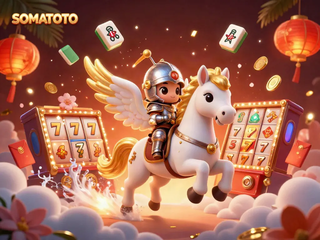 SOMATOTO showcases a vibrant 3D fantasy world with a celestial horse and knight among exciting slot elements and festive decorations.