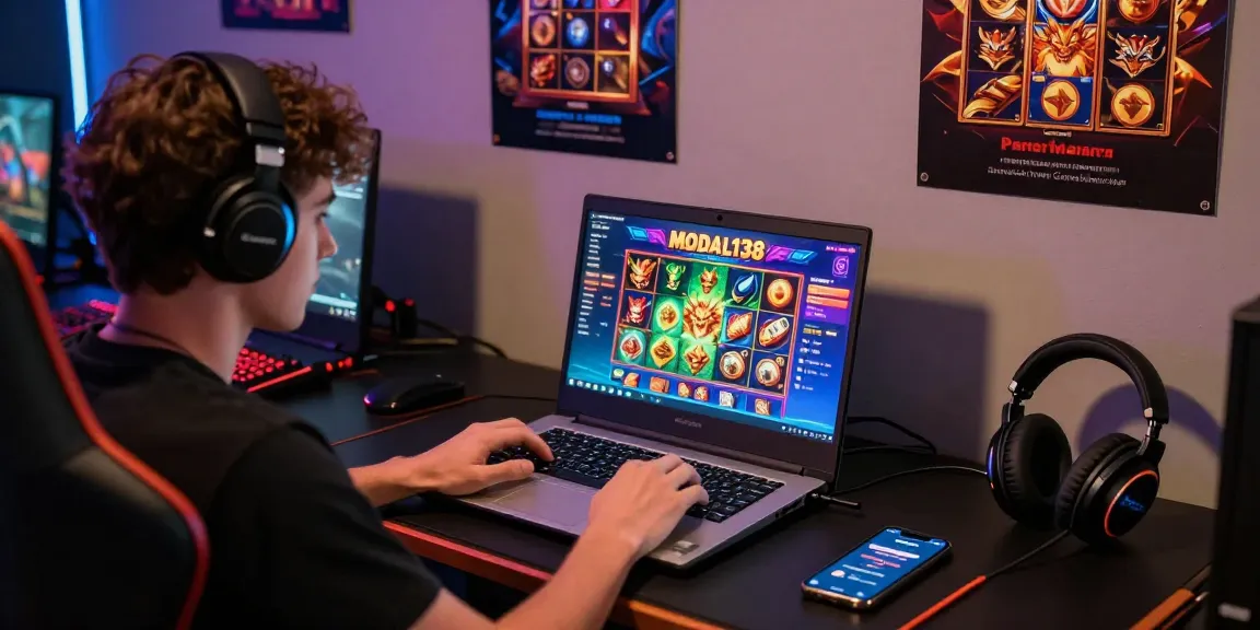 Login Modal138 dengan pemain fokus pada permainan slot online di ruang modern