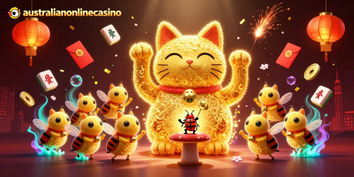 A vibrant illustration of a giant lucky cat and fireflies celebrating on australianonlinecasino with mahjong and cherry blossoms.