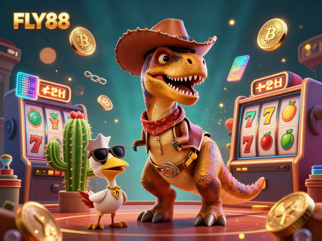 Engage with exciting FLY88 casino gaming featuring a cartoon dinosaur in a captivating slot-themed scene.
