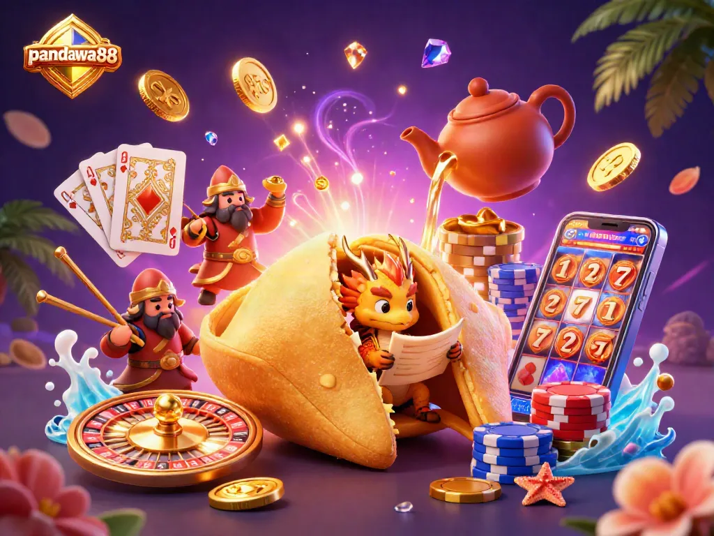Gambar pandawa88 menampilkan naga bijak di dalam kue keberuntungan sambil dikelilingi uang koin emas dan efek kasino