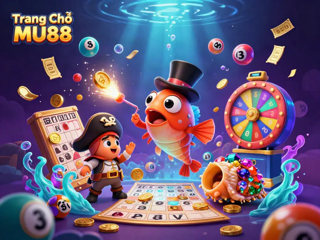 Experience the thrill of Trang Chủ MU88 with a cartoon anglerfish attracting golden coins amidst vibrant lottery elements.