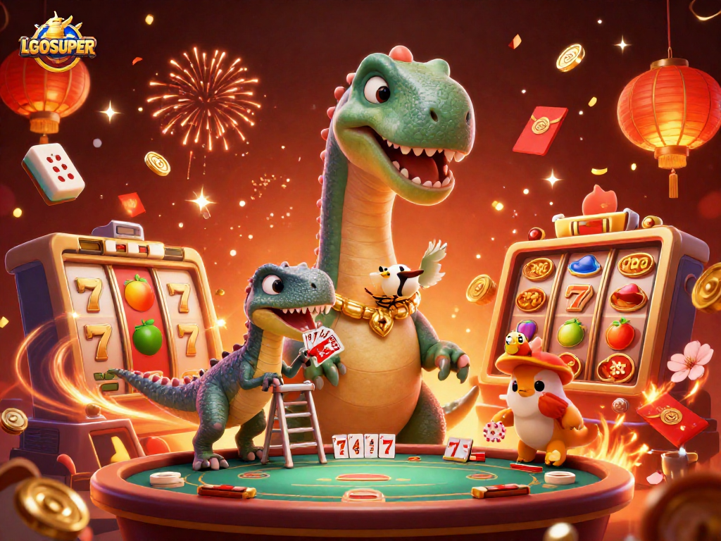 Experience thrilling gaming action at LGOSUPER with a vibrant casino scene illustrating slots and dynamic characters.