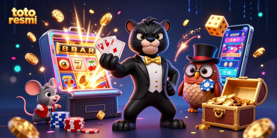 Gambar toto resmi dengan panther elegan, burung hantu, dan tikus keberuntungan, dalam suasana kasino yang meriah.