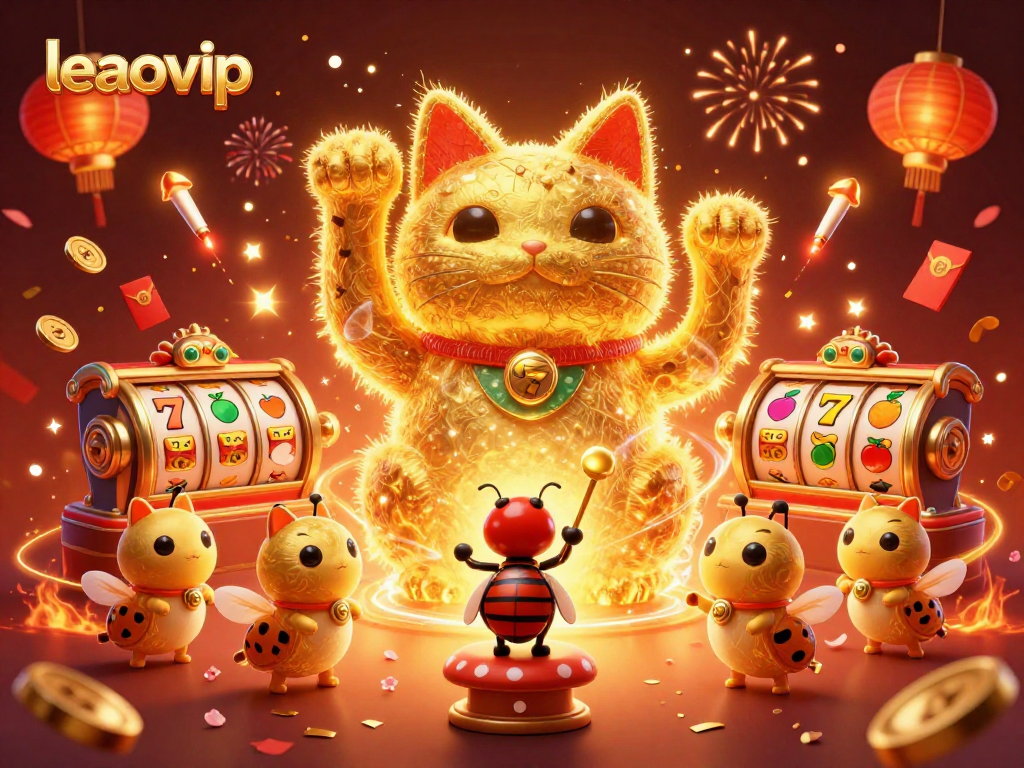 Experience the excitement of leaovip with a magnificent lucky cat made of golden fireflies amidst casino symbols.