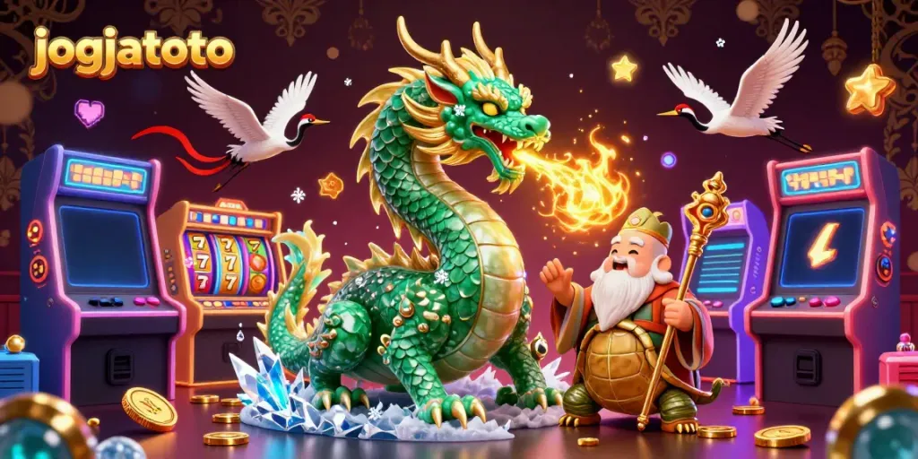 Experience the thrill of jogjatoto with an immersive 3D illustration showcasing vibrant casino gaming elements.