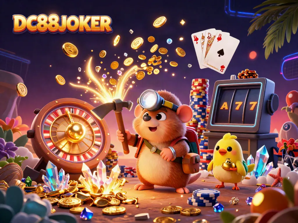 DC88JOKER illustration showcasing a treasure hunter mole in a vibrant casino treasure cave, mining gold.