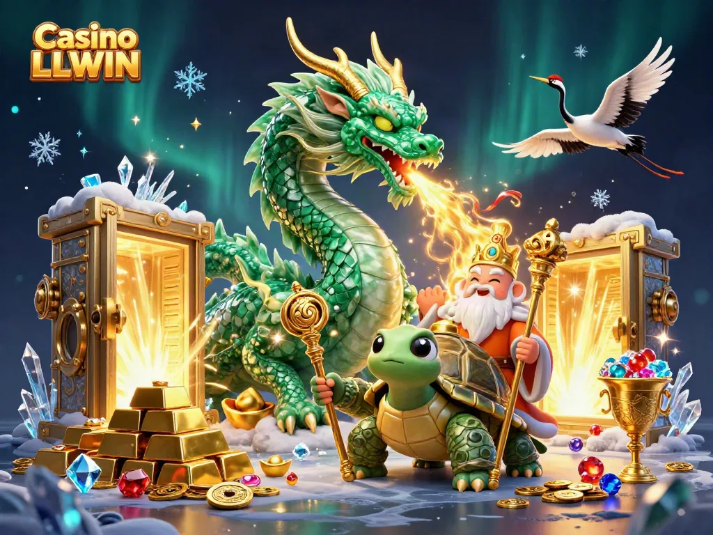 Experience the thrill of Casino LLWIN with a vibrant 3D illustration showcasing lucky symbols and a mystical dragon.